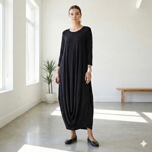 Black Cotton Modal Lagenlook Balloon Midi Dress | Made in Italy - Small